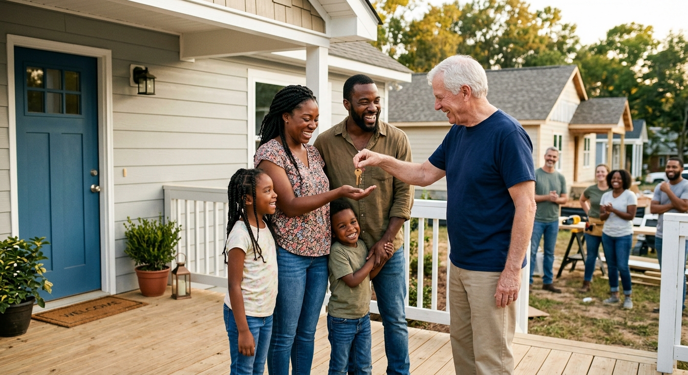 A family receiving keys to a new home