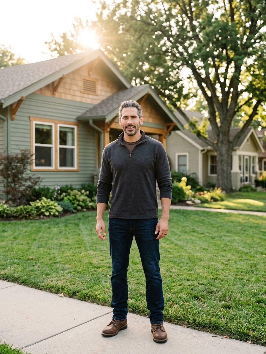 Genaro Ocasio in front of a restored Wichita craftsman bungalow