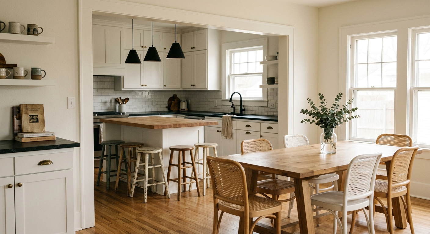 Open shaker kitchen with butcher-block island